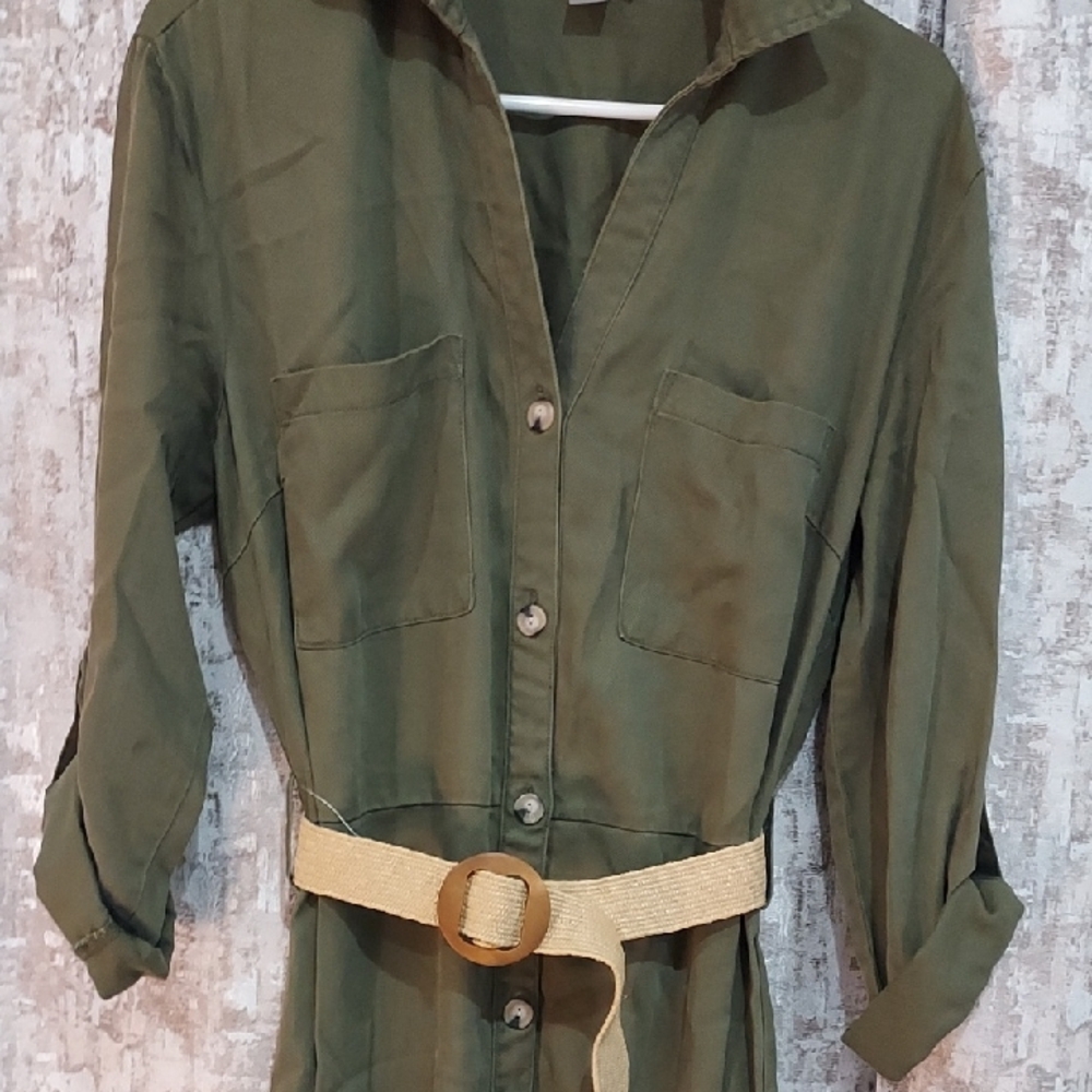 Falls Creek Olive Shirt Dress with Beige Belt